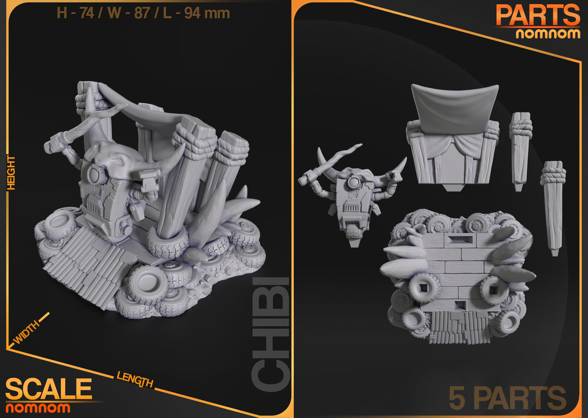 Parts breakdown image showing individual components and assembly layout for Clanktrap Chibi figure.