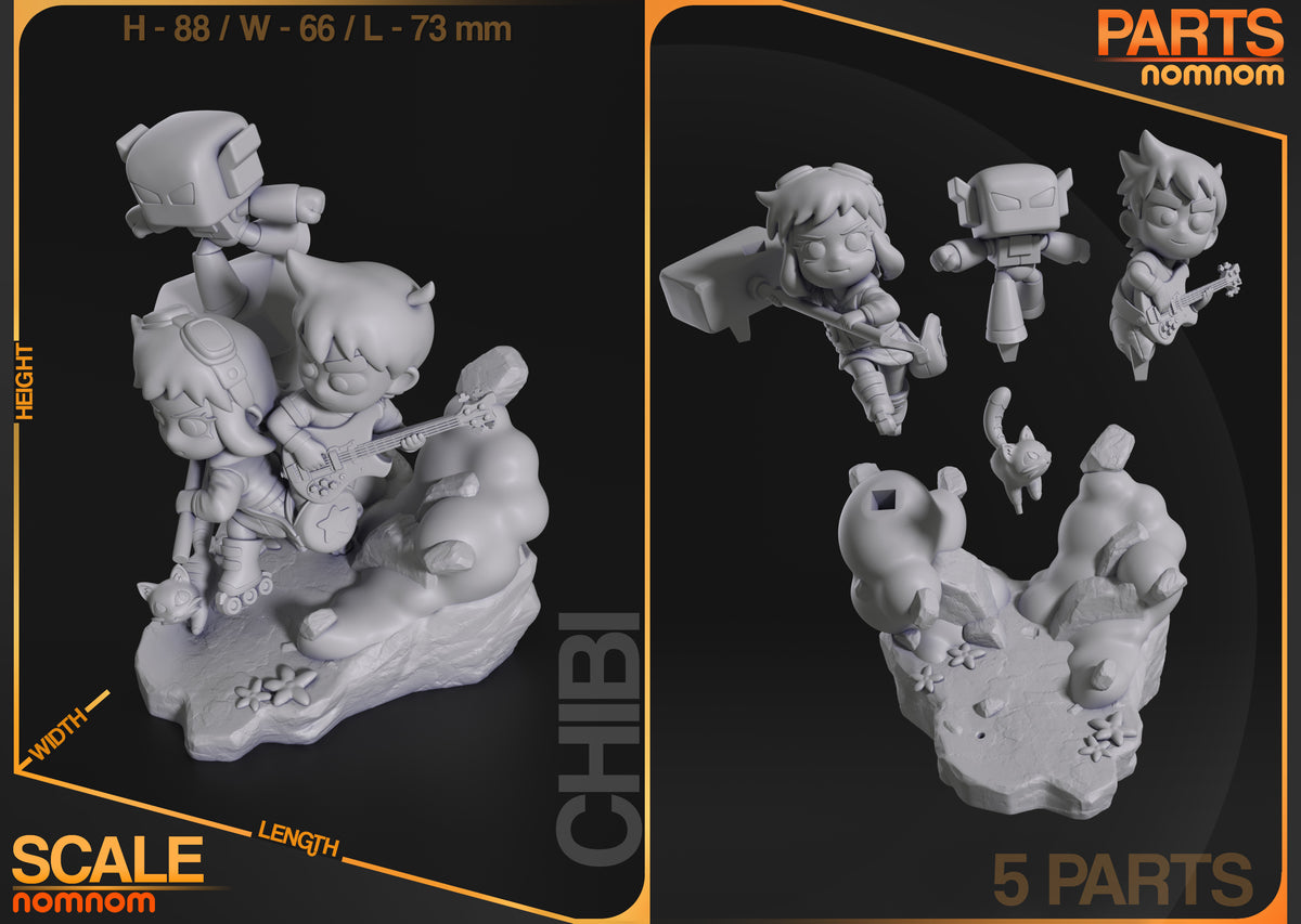 Parts breakdown image showing individual components and assembly layout for Ramona Blooms Chibi figure.