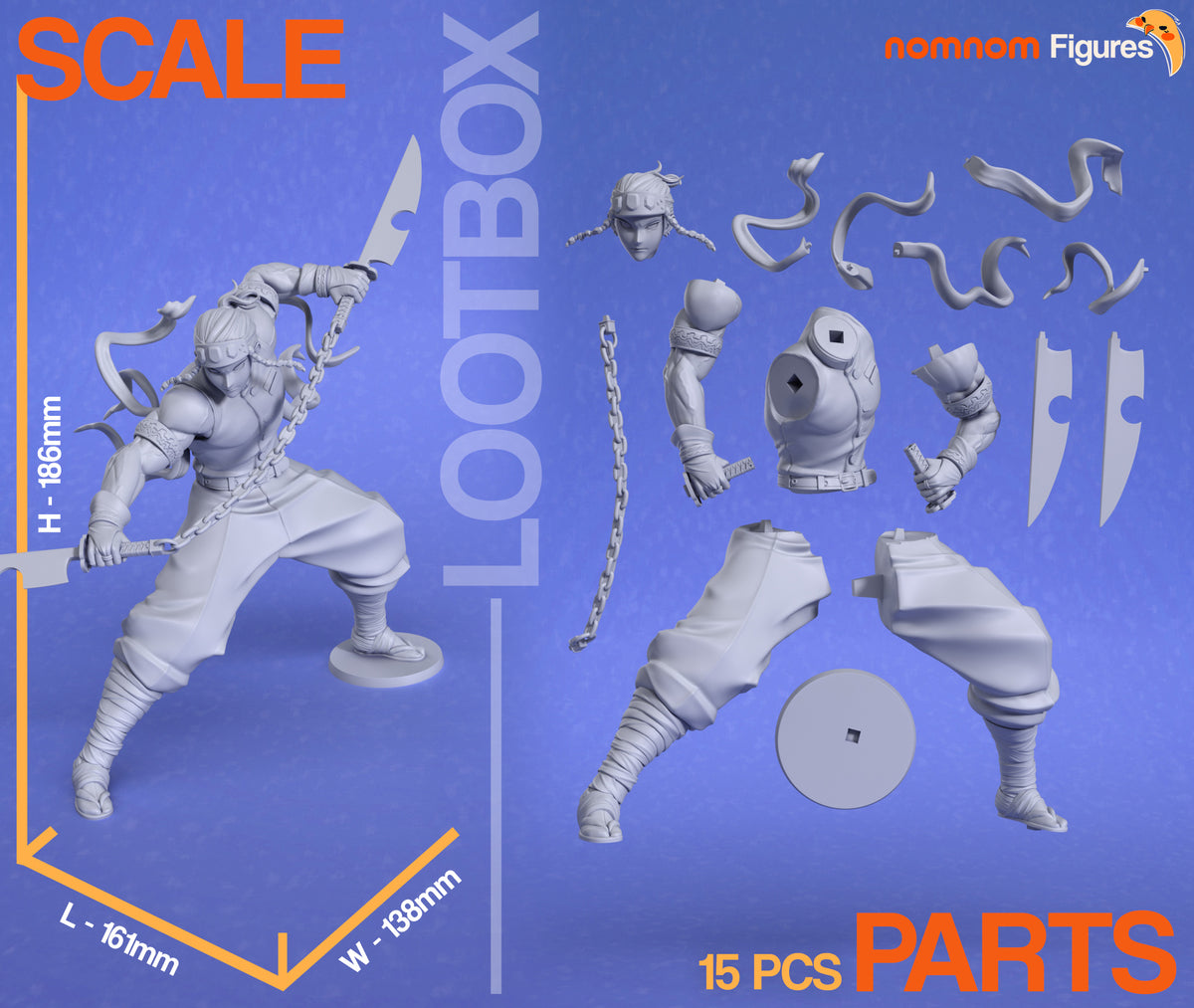 Unpainted Uzui Tengen resin figure parts from Demon Slayer shown in front and separated views.