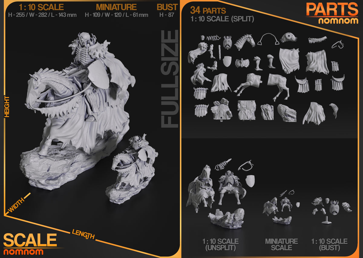 Skull Knight from Berserk resin figure parts are shown unpainted in a split layout with bases.