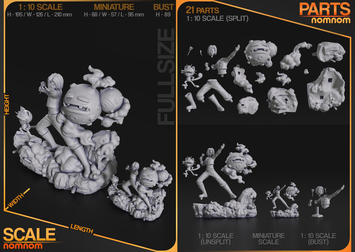 James from Pokémon resin figure parts are shown unpainted in a spread layout with sculpted bases.