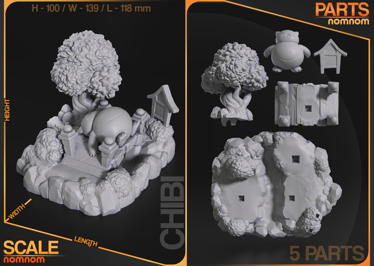 Parts breakdown image showing individual components and assembly layout for Snorlax Chibi figure.