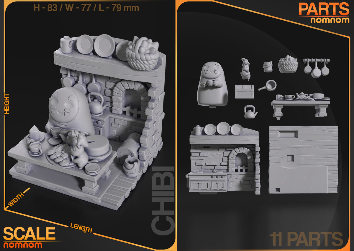 Parts breakdown image showing individual components and assembly layout for faceless spirit Chibi figure.
