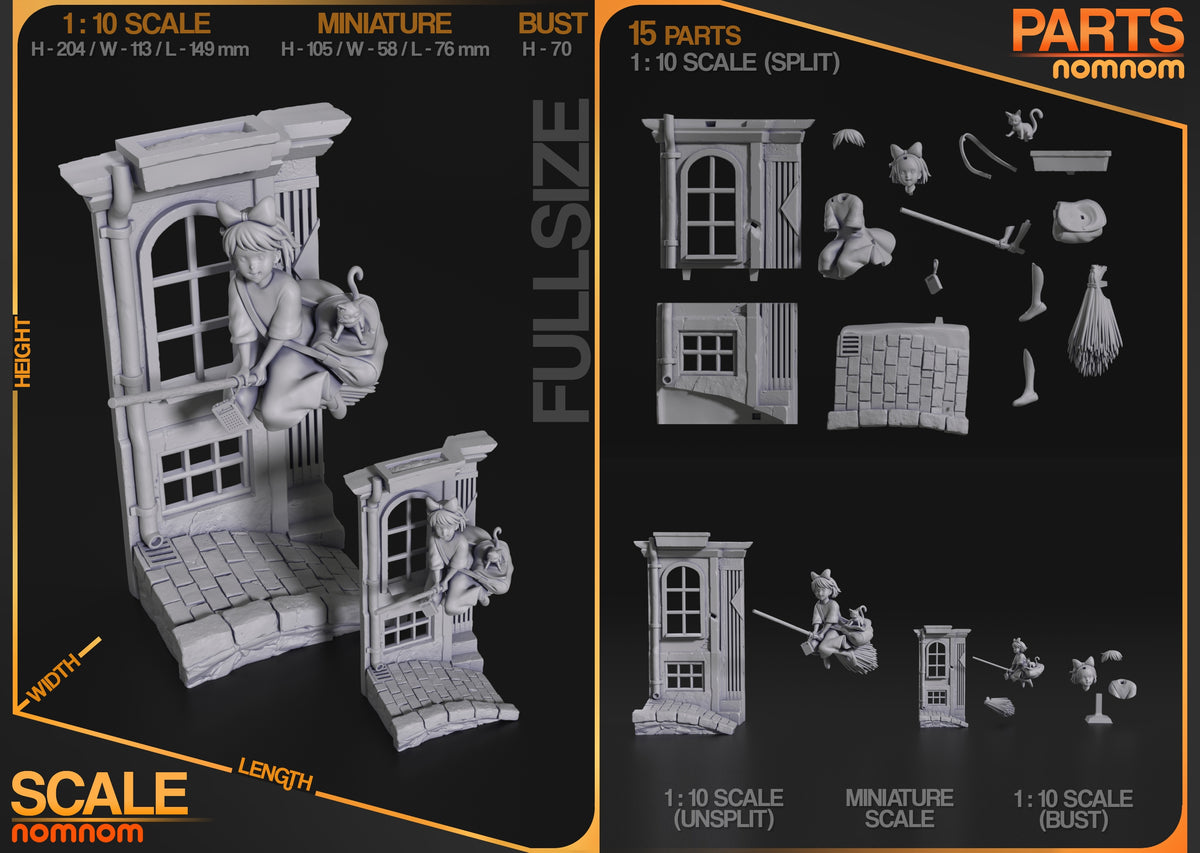 Parts breakdown image showing individual components and assembly layout for Friendly Young Witch figure.