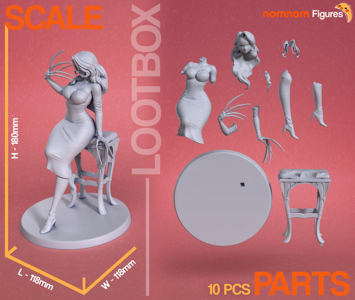 Unpainted Lust from Fullmetal Alchemist resin figure parts show body, hair, limbs, claws, chair, and base.