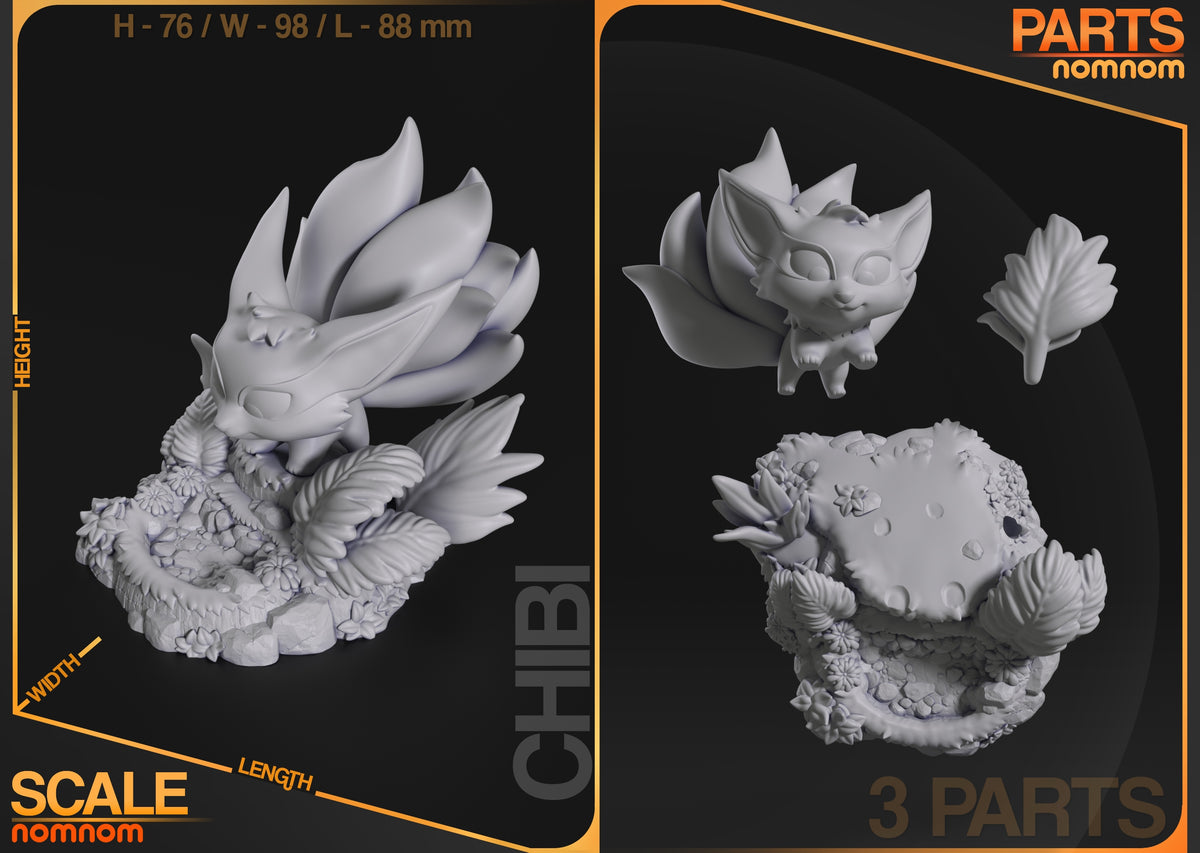 Parts breakdown image showing individual components and assembly layout for generic nine-tailed fox figure.