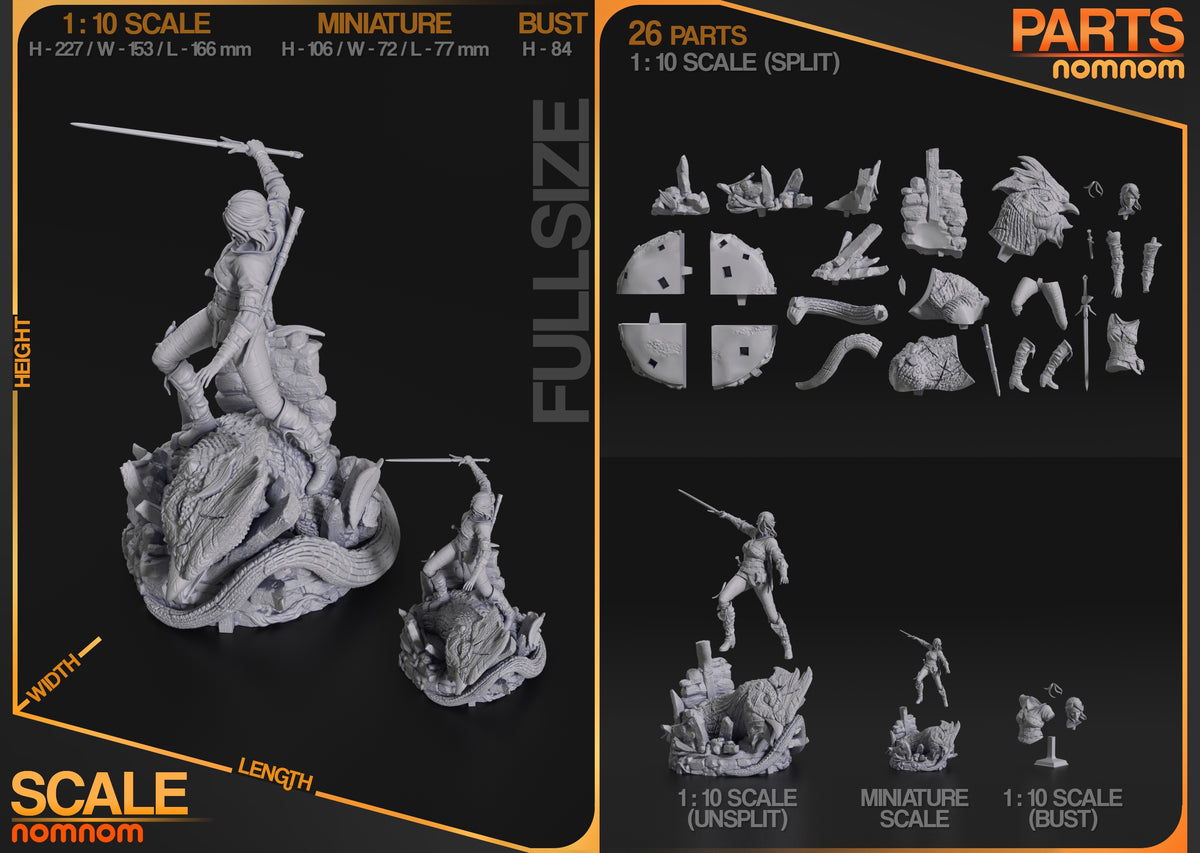Ciri from The Witcher resin figure shown as 26 unpainted parts with a dragon base and sword.