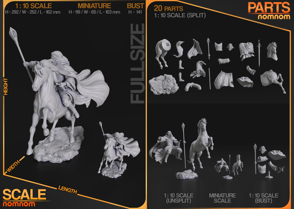 Unpainted Gandalf from Lord of the Rings resin figure parts show rider, horse, staff, capes, and rocky base.