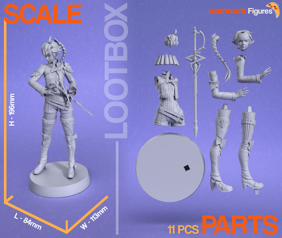 Parts breakdown image showing individual components and assembly layout for Alisaie Leveilleur figure.