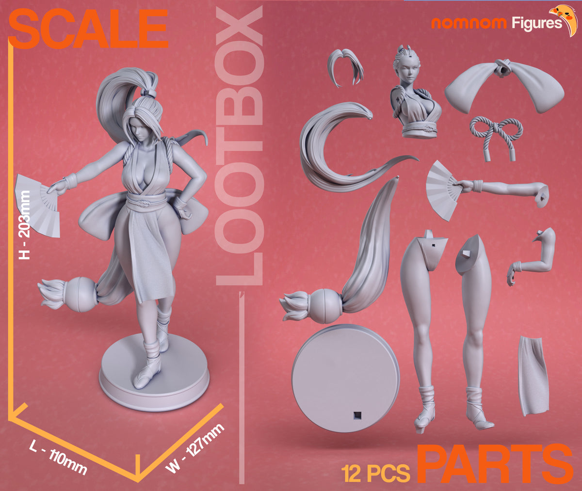 Parts breakdown image showing individual components and assembly layout for Scarlet Fan Dancer figure.