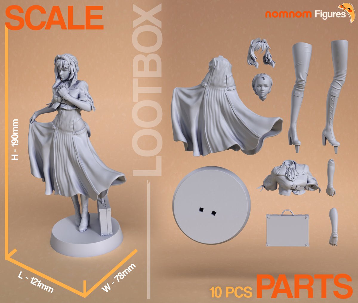 Parts breakdown image showing individual components and assembly layout for Violet Evergarden figure.