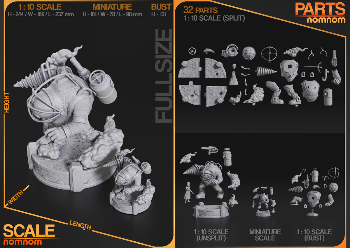 Parts breakdown image showing individual components and assembly layout for Deep Guardian & Little Gatherer figure.