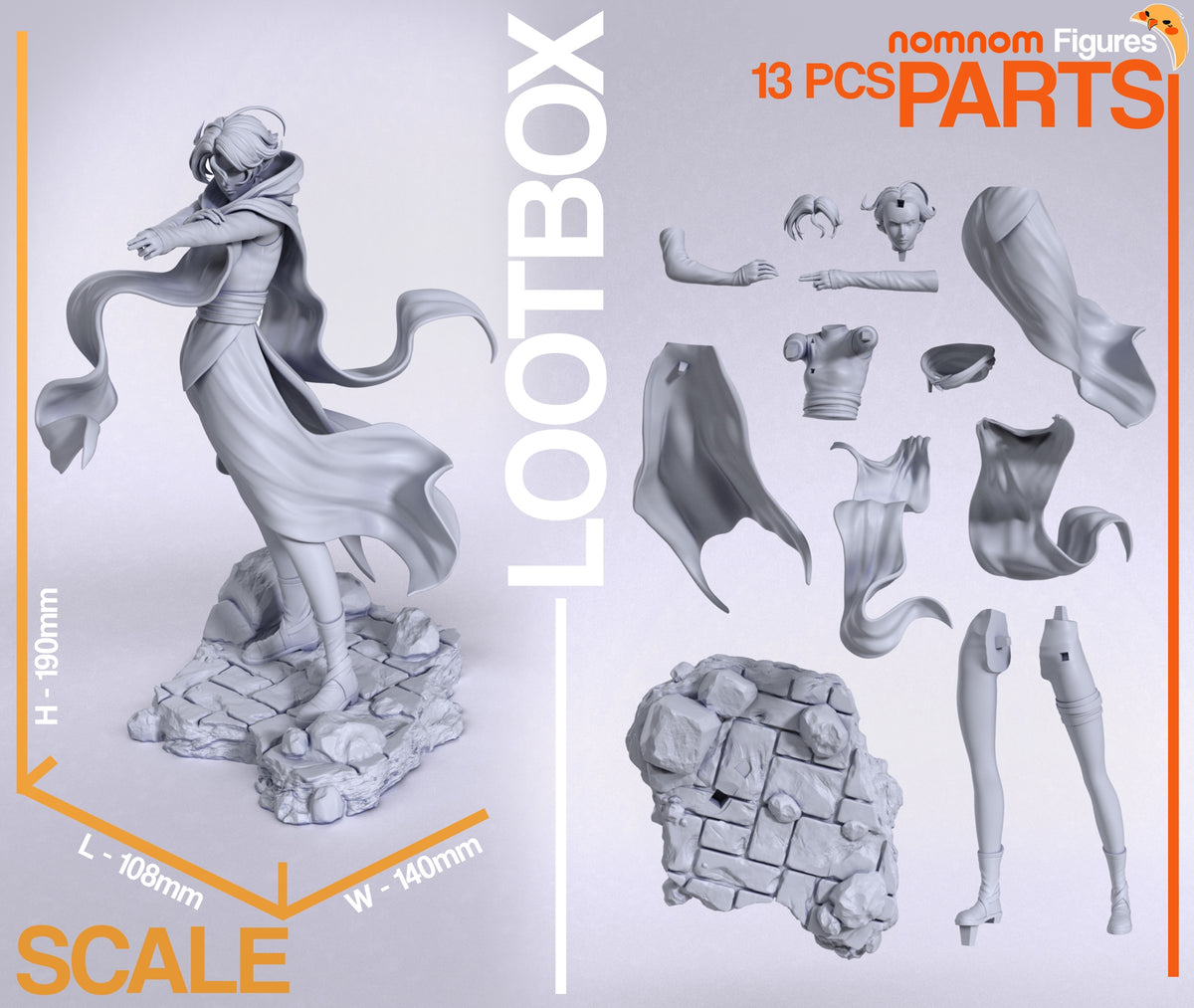 Parts breakdown image showing individual components and assembly layout for sorceress figure.