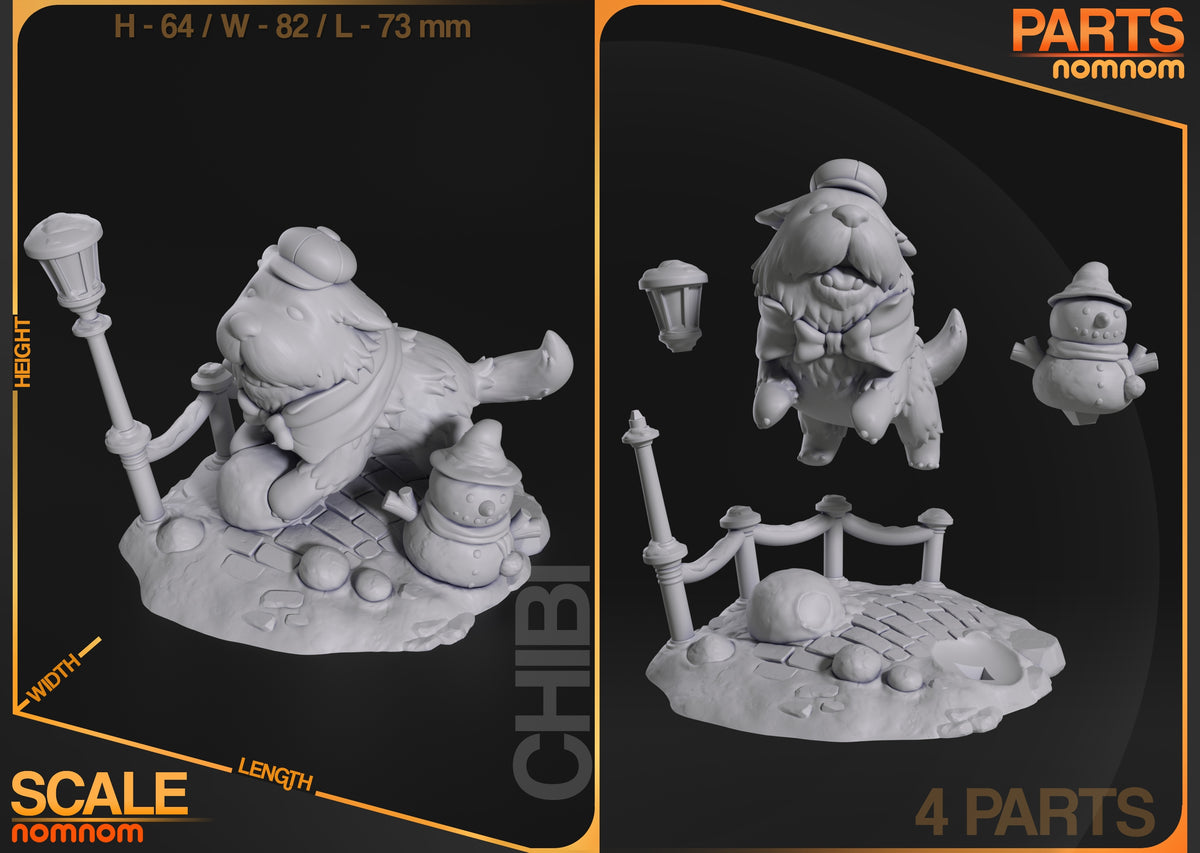 Bond Forger resin Chibi figure parts display showing unpainted white components including main figure, base sections, and accessory pieces at 64mm height.