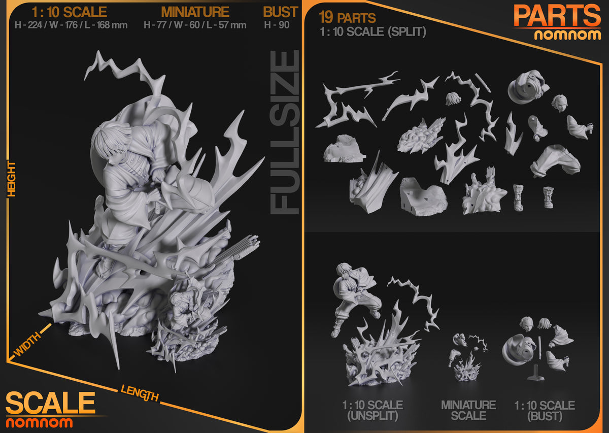 Unpainted parts for a Zenitsu from Demon Slayer resin figure are arranged beside sculpted bases.