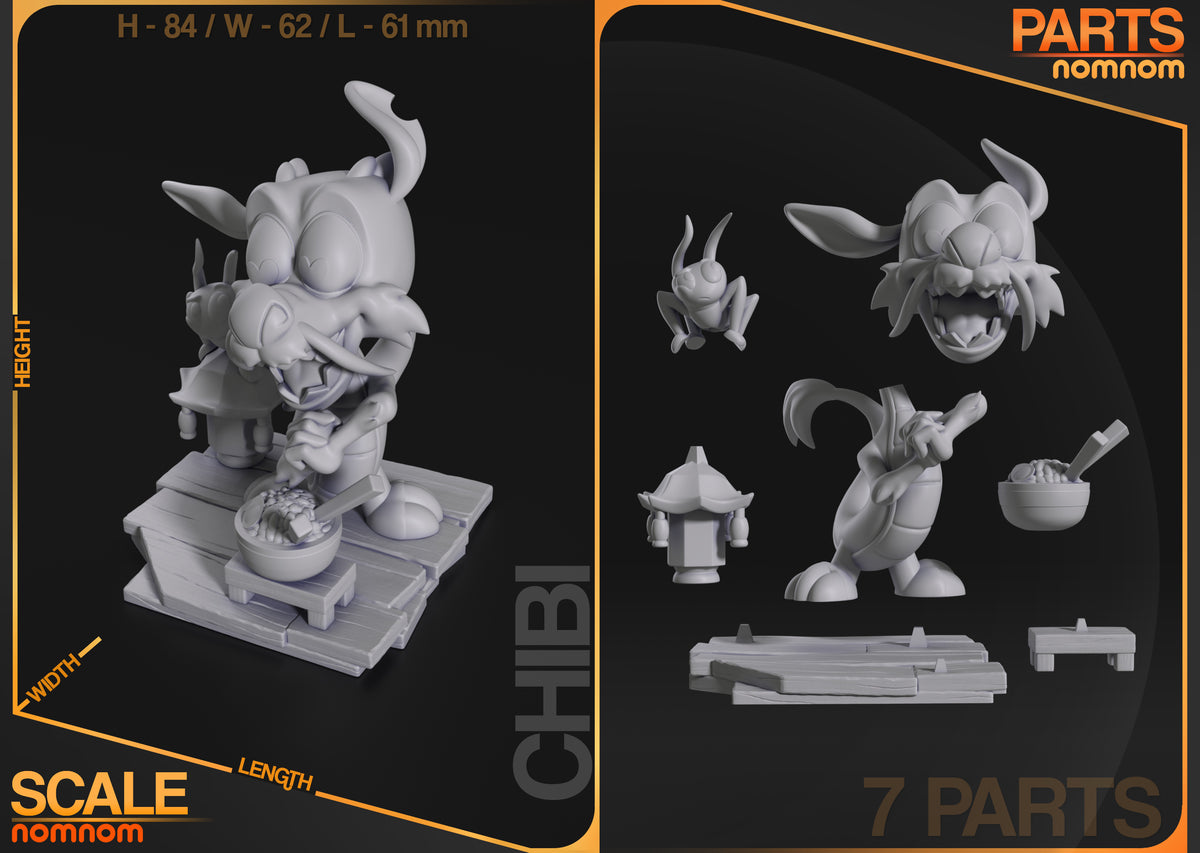 Little Dragon from Flower of Valor resin Chibi figure shown front-facing, unpainted in seven parts with sculpted base.