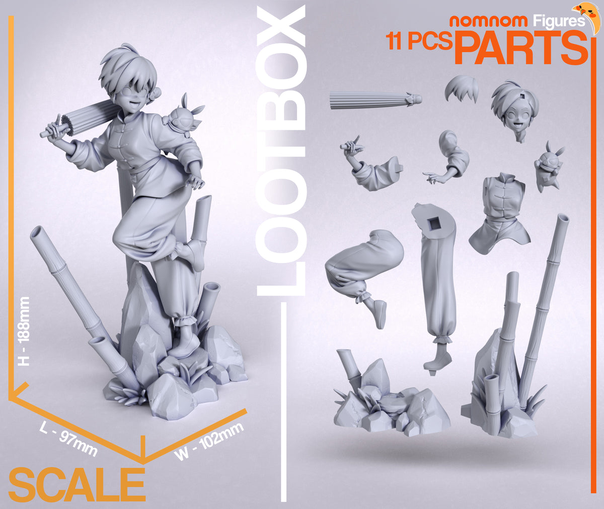 Parts breakdown image showing individual components and assembly layout for Ramma figure.