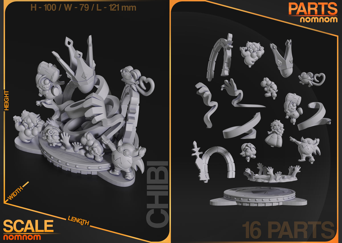 Parts breakdown image showing individual components and assembly layout for Paper Plumber Hero Chibi figure.