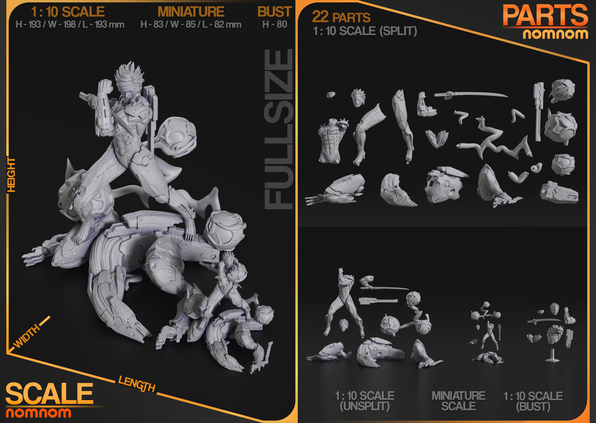 Parts breakdown image showing individual components and assembly layout for Thunderblade Cyborg figure.