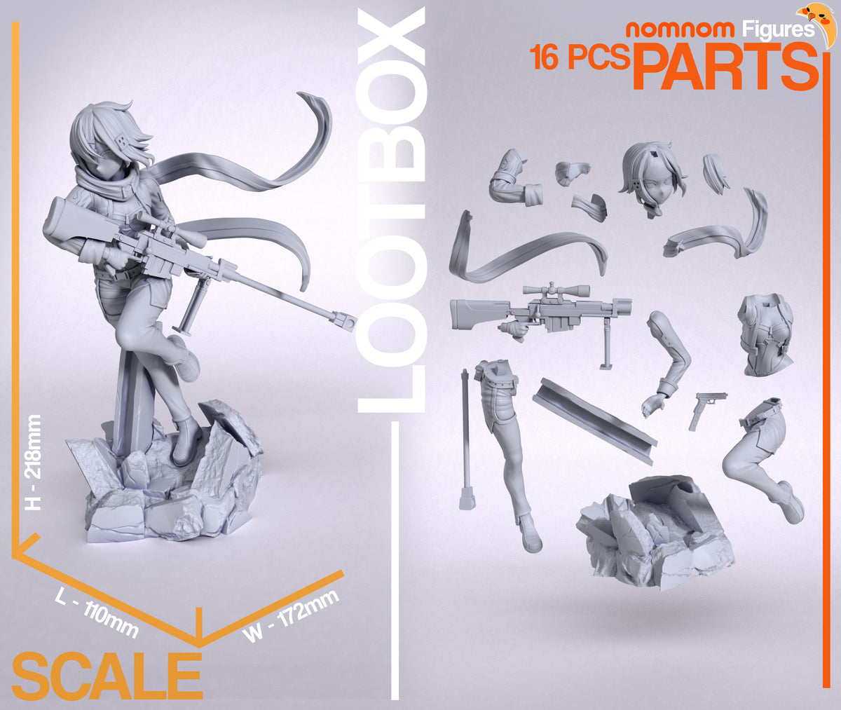 Parts breakdown image showing individual components and assembly layout for Azure Sniper Huntress figure.