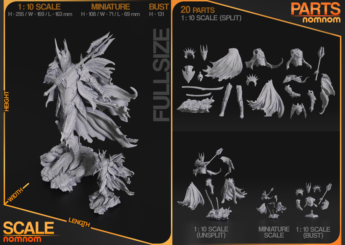 Parts breakdown image showing individual components and assembly layout for Sauron figure.