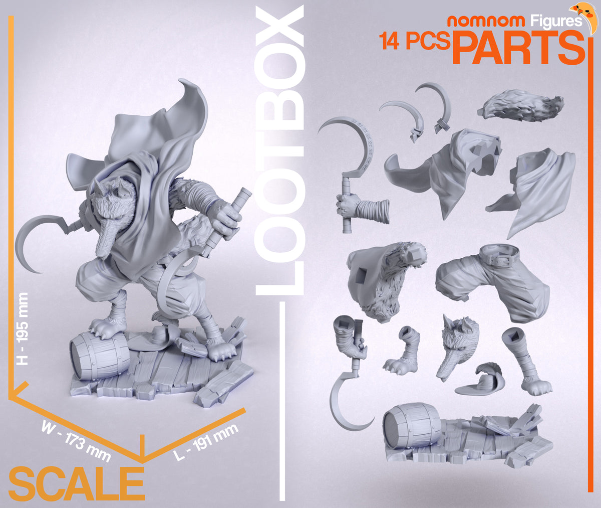 Parts breakdown image showing individual components and assembly layout for Whistling Wolf figure.