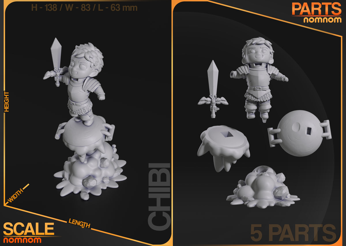 Parts breakdown image showing individual components and assembly layout for Dungeon Adventurer (generic) Chibi figure.