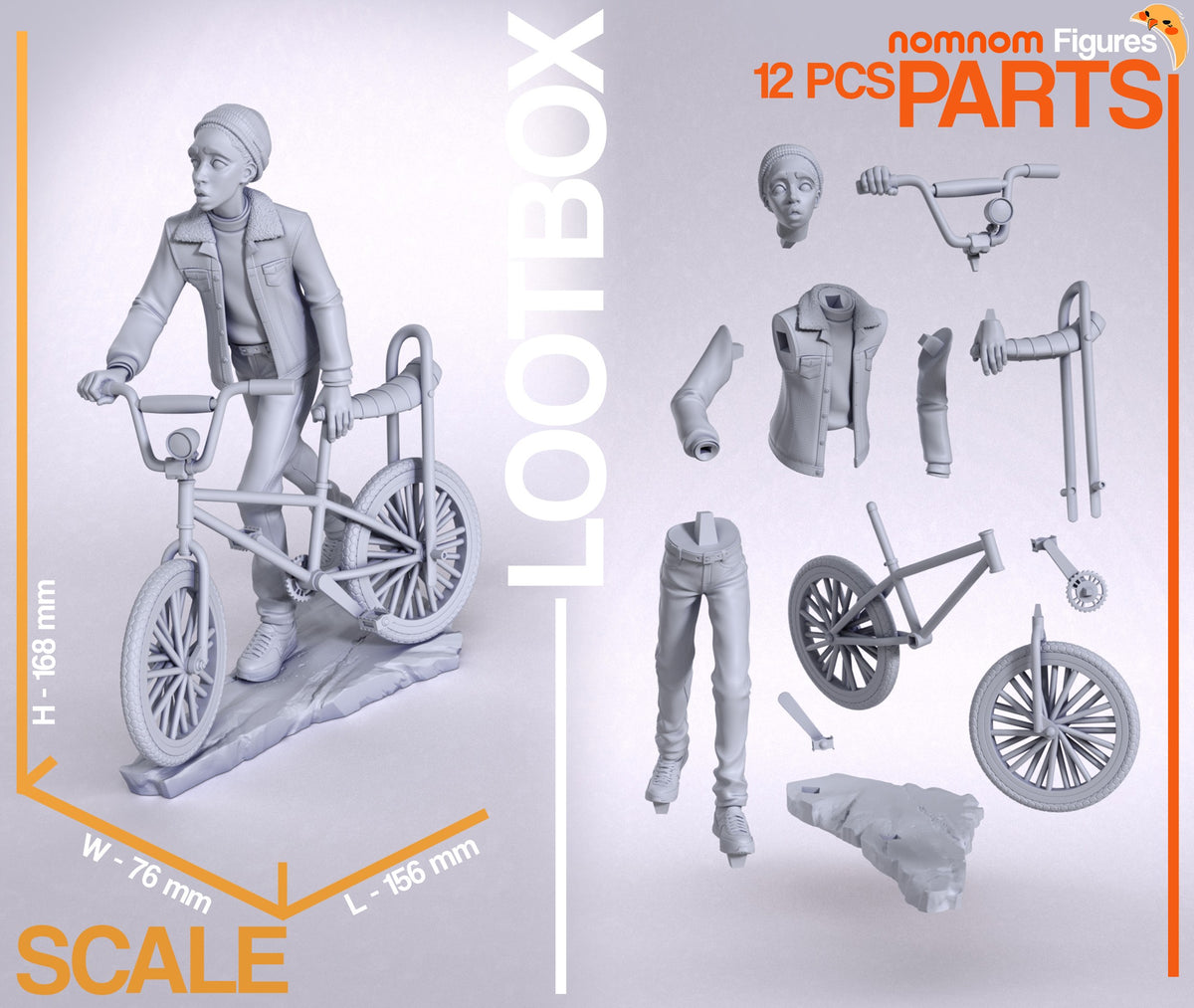 Unpainted Lucas from Stranger Things resin figure parts are arranged beside a sculpted bike base.