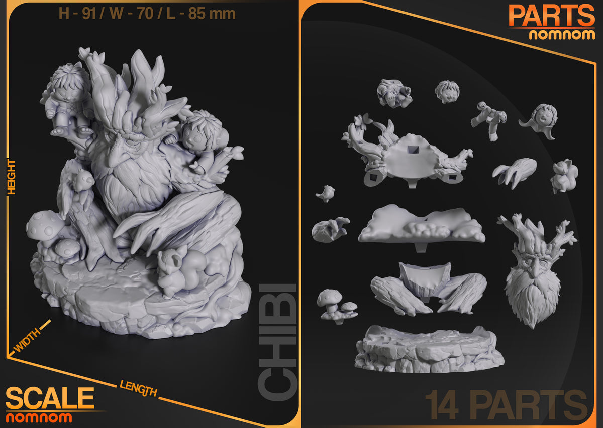 Tree Beard from Lord of the Rings resin Chibi figure shown assembled beside its 14 unpainted parts.