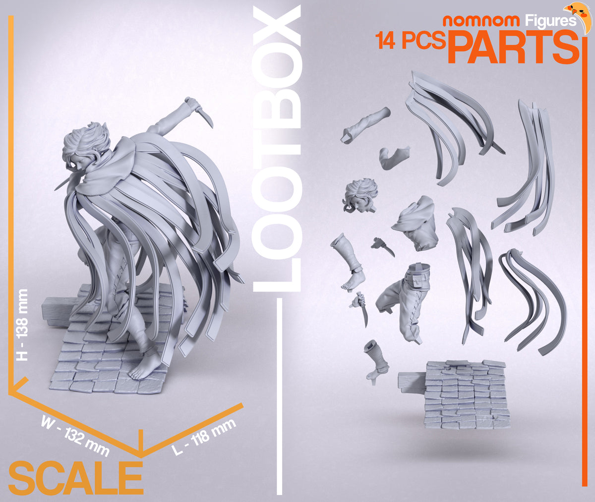 Unpainted Vin from Mistborn resin figure parts are arranged beside a sculpted brick base.