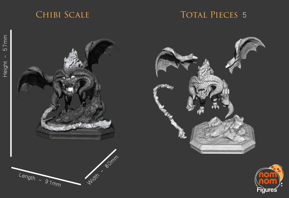 Balrog from Lord of the Rings resin Chibi figure is shown unpainted in an exploded five-part layout with sculpted base.