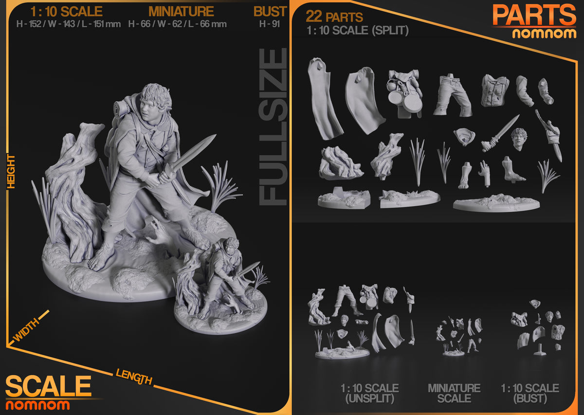 Samwise Gamgee from Lord of the Rings resin figure parts lie unpainted with sculpted bases.