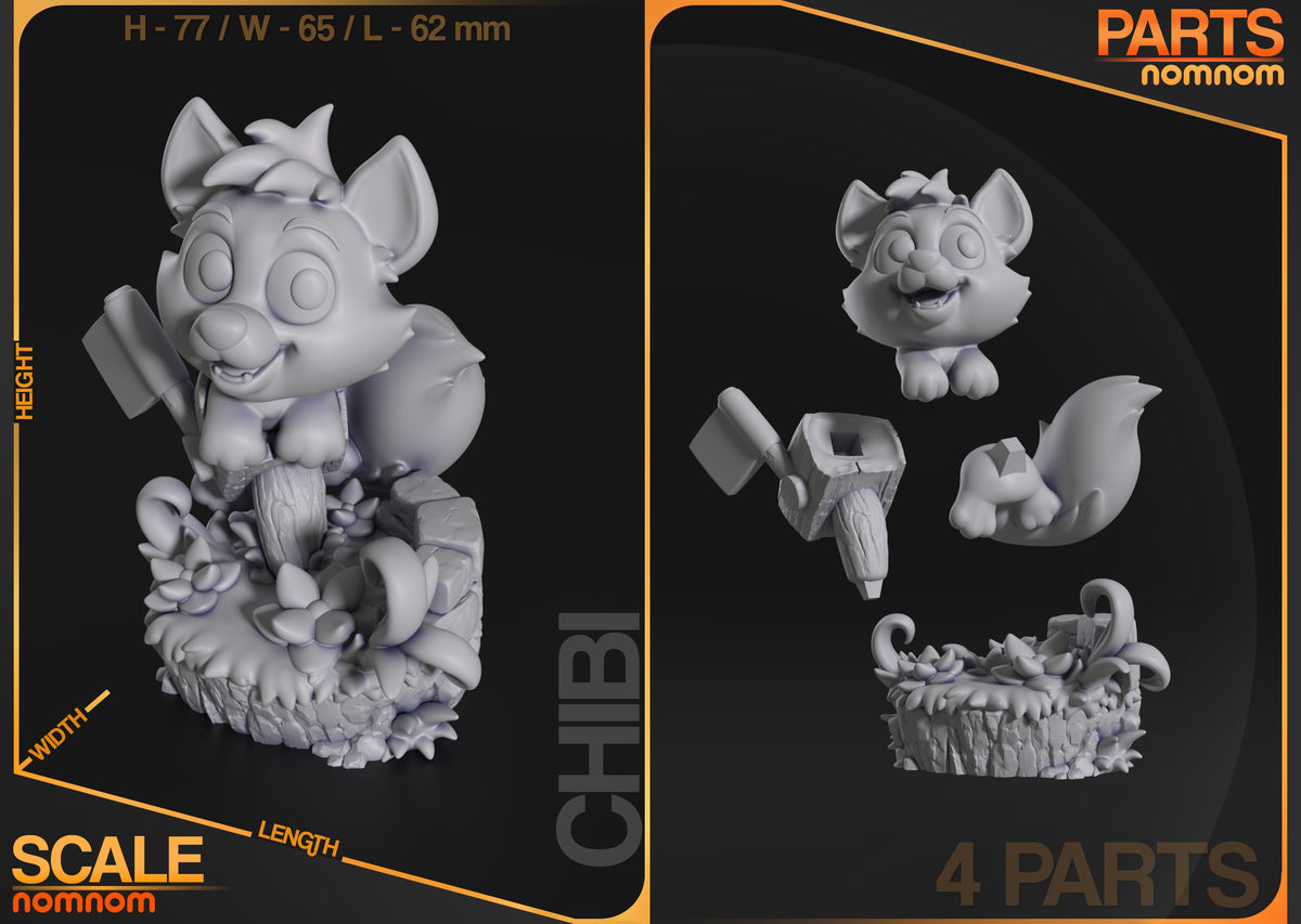 Parts breakdown image showing individual components and assembly layout for Rusty Fox Pup figure.