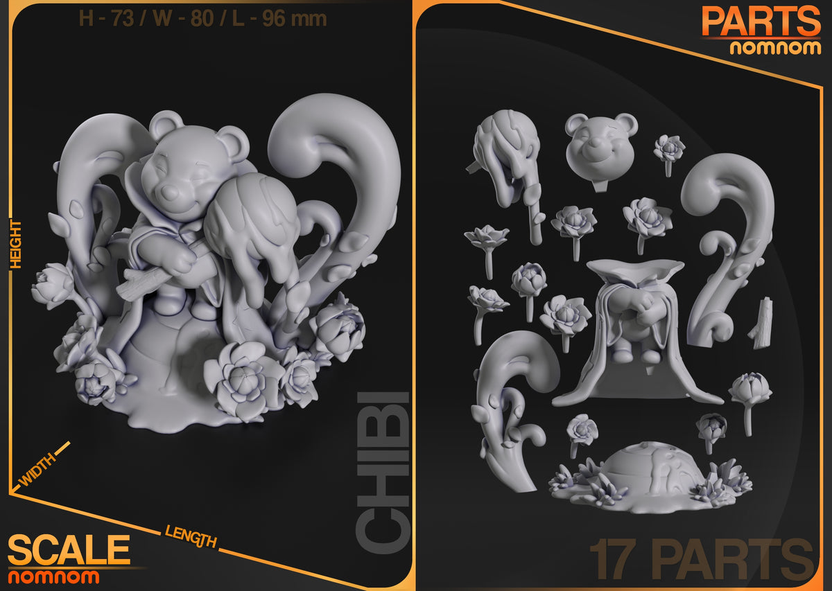 Parts breakdown image showing individual components and assembly layout for Honey Bear figure.