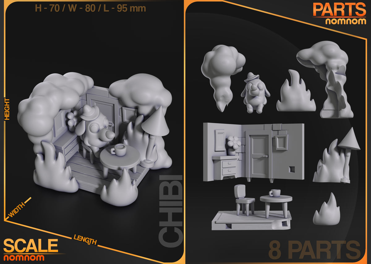 Parts breakdown image showing individual components and assembly layout for This Is Fine Chibi figure.