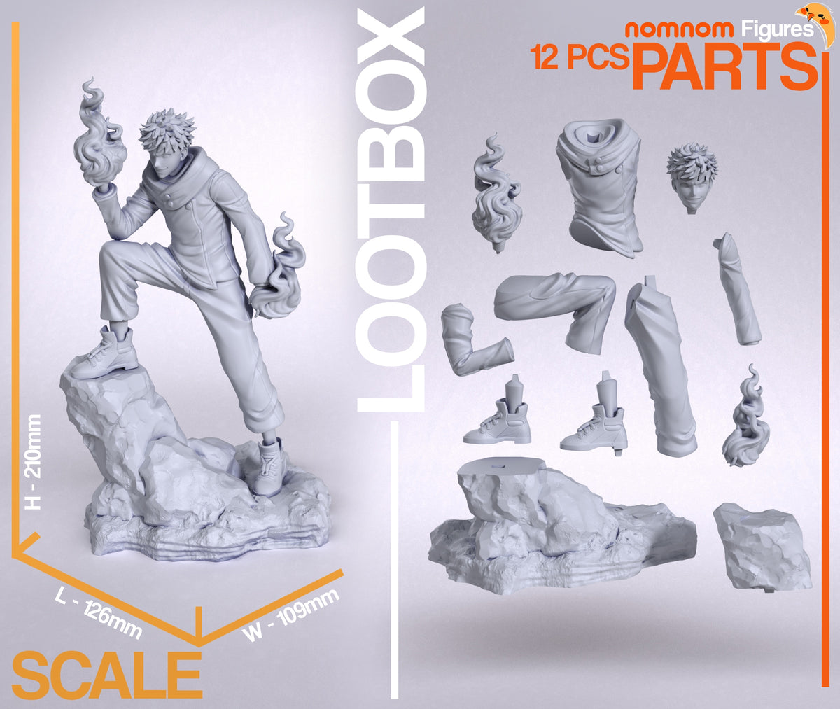 Yuji Itadori from Jujutsu Kaisen appears crouching, with unpainted resin figure parts and rocky base.