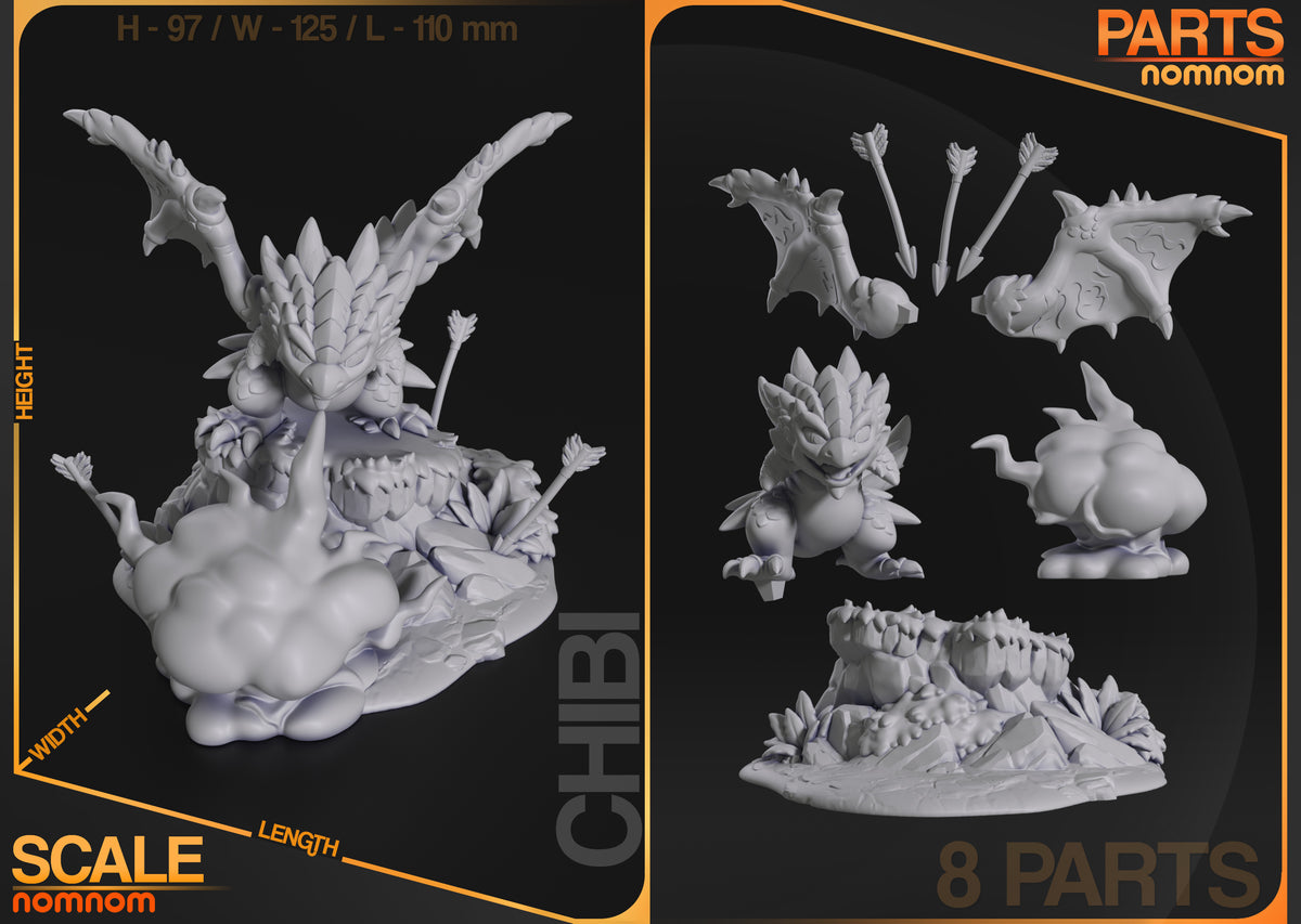 Unpainted Rathalos Monster Hunter resin Chibi figure parts are shown front-facing with wings, arrows, body, and sculpted .
