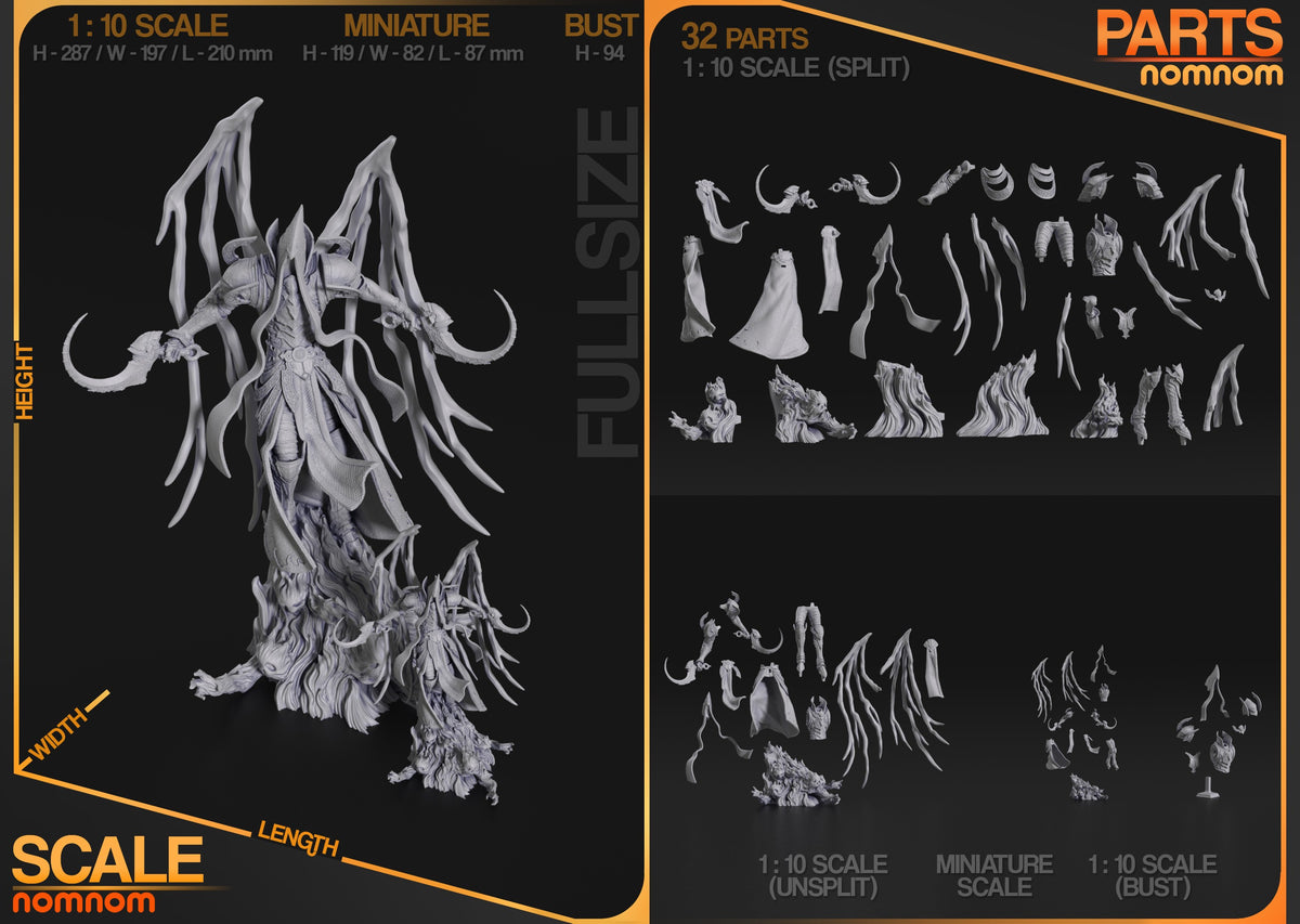 Malthael resin figure parts layout showing 32 unpainted components including wings, robes, weapons, and accessories at 1:10 scale by Nomnom.