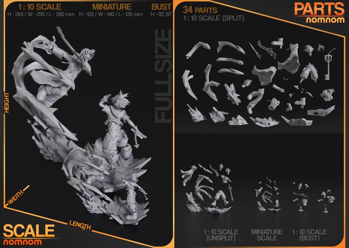 Unpainted resin figure parts laid out at 1:10 scale, showing 34 components including armor, weapons, wings, and base pieces for Twin Sky Warriors from Heart Realms Saga.