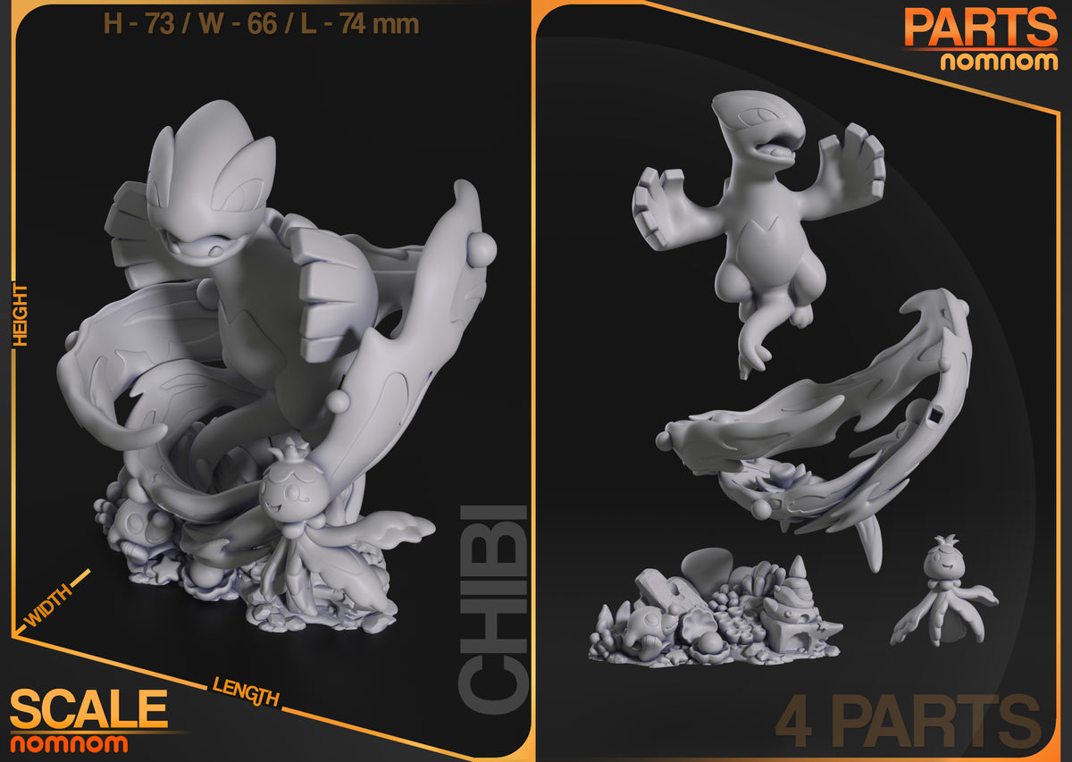 Parts breakdown for Lugia from Pocket Specters: individual components and assembly layout of the Chibi figure.
