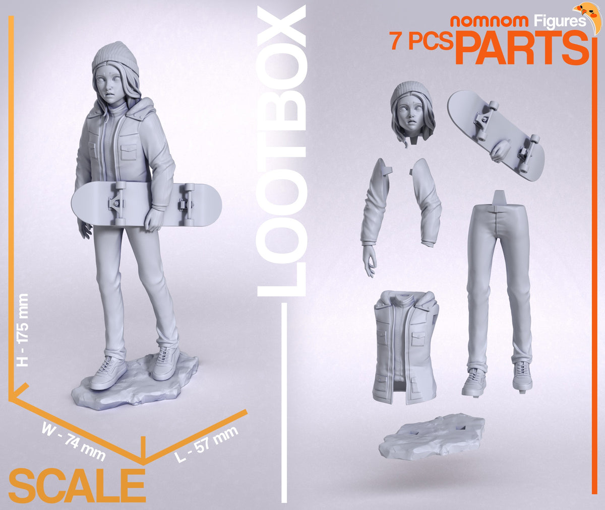 Max from Stranger Things resin figure parts are unpainted, separated, with a skateboard and base.