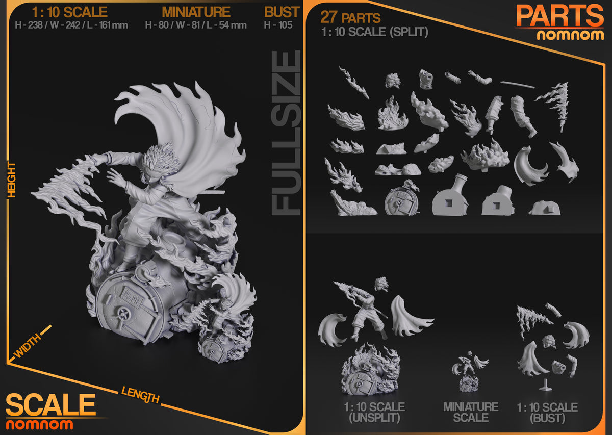 Unpainted resin figure parts for Rengoku from Demon Slayer are arranged with sculpted bases.