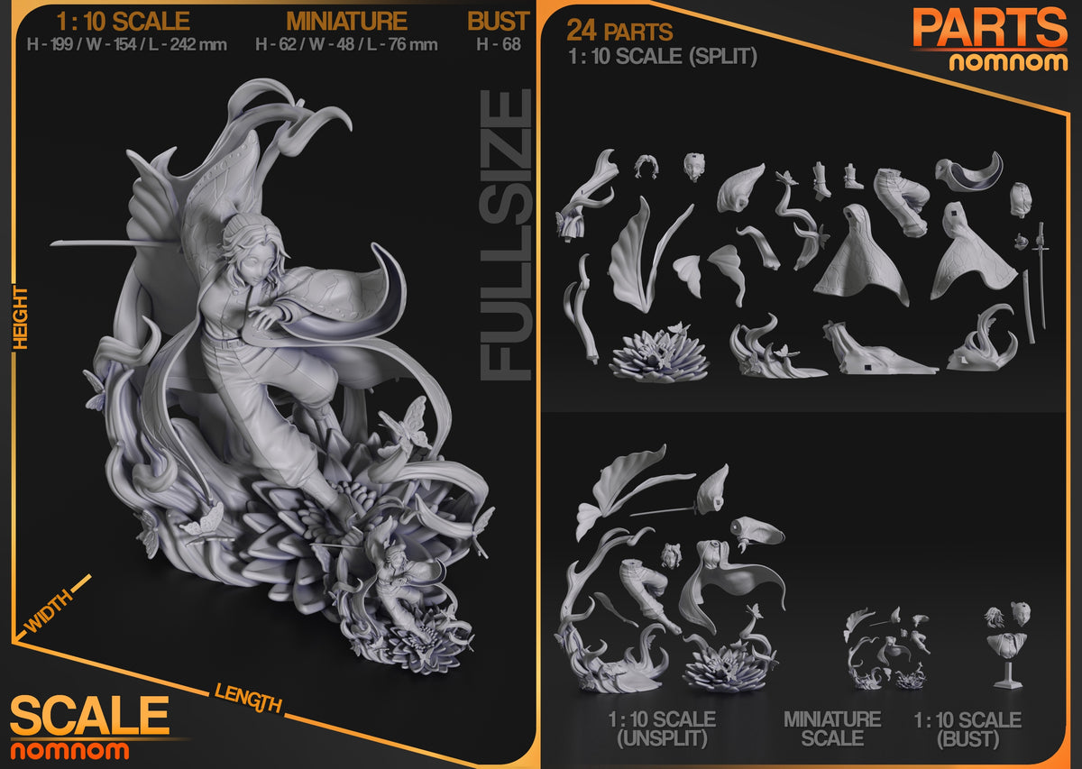 Shinobu Kochou from Demon Slayer resin figure parts shown unpainted in multiple layouts.