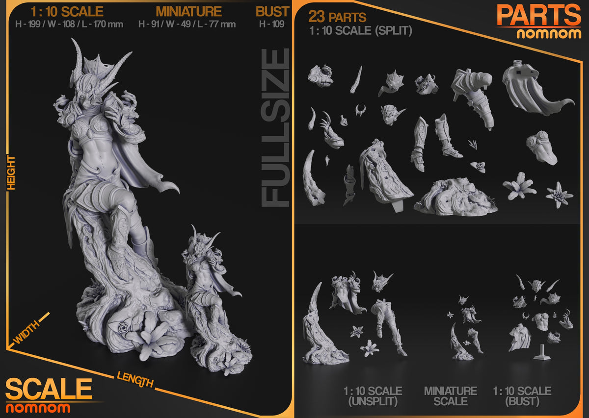 Unpainted resin figure parts layout for Ysera from World of Warcraft showing 23 components including torso, limbs, horned heads, armor pieces, and scenic base elements at 1:10 scale.