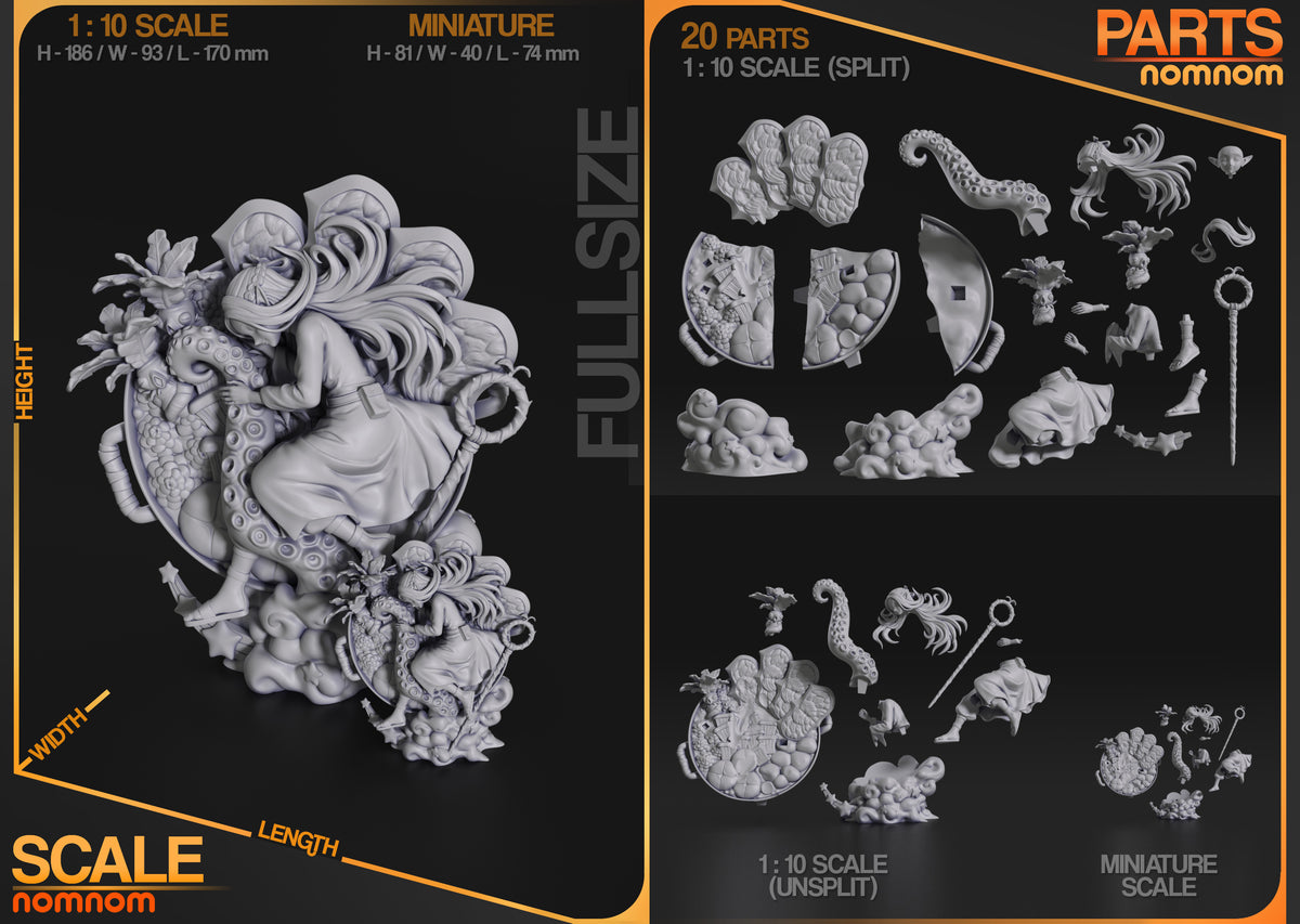 Resin figure parts for Marcille from Delicious in Dungeon are unpainted and arranged with bases.