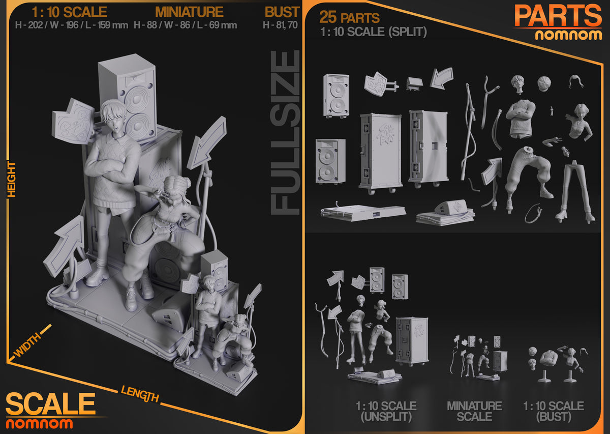 Unpainted Zoey from KPop Demon Hunters resin figure parts are shown flat with props and bases.