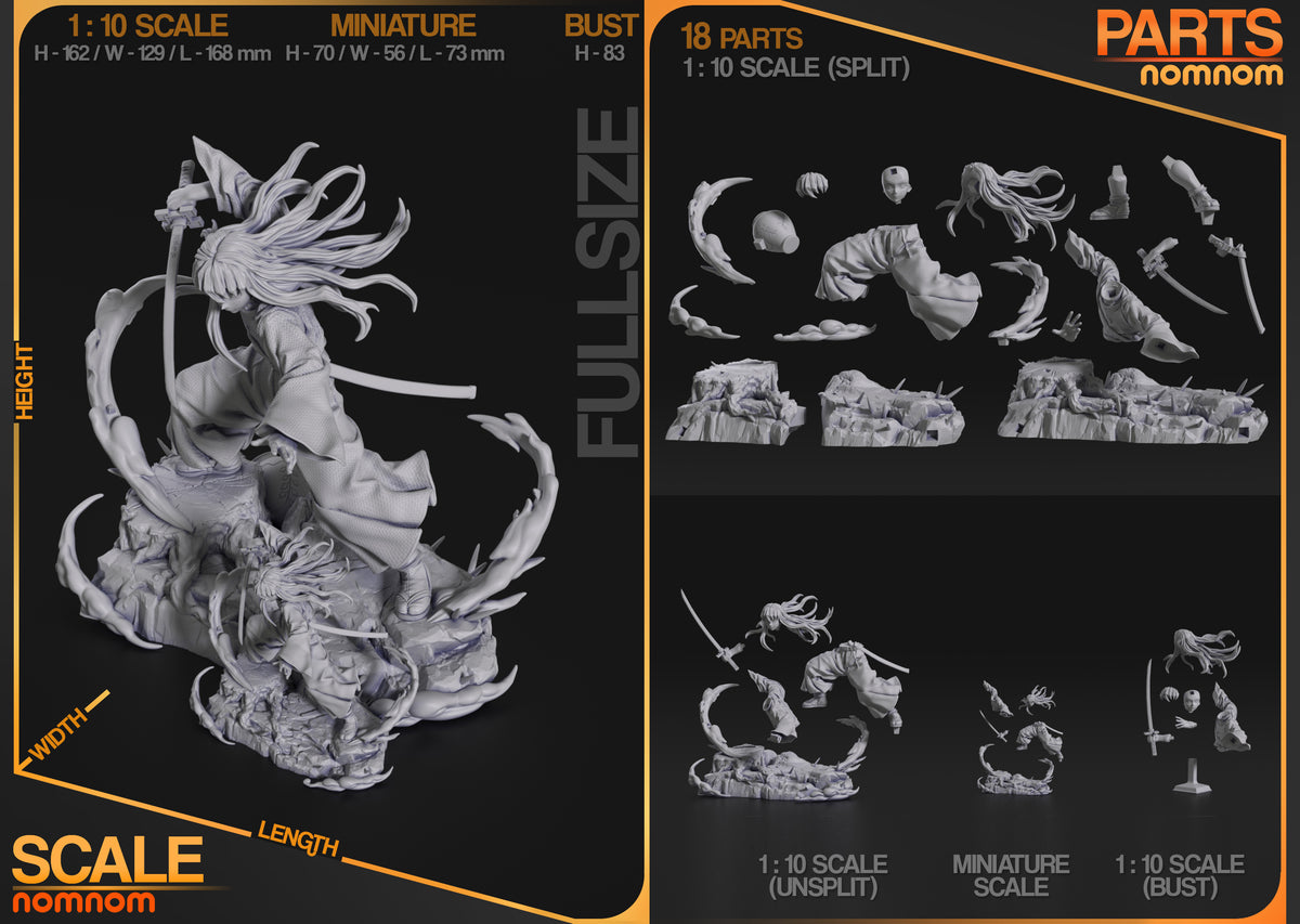 Muichiro from Demon Slayer resin figure parts are unpainted and arranged with swords, hair, limbs, and sculpted bases.