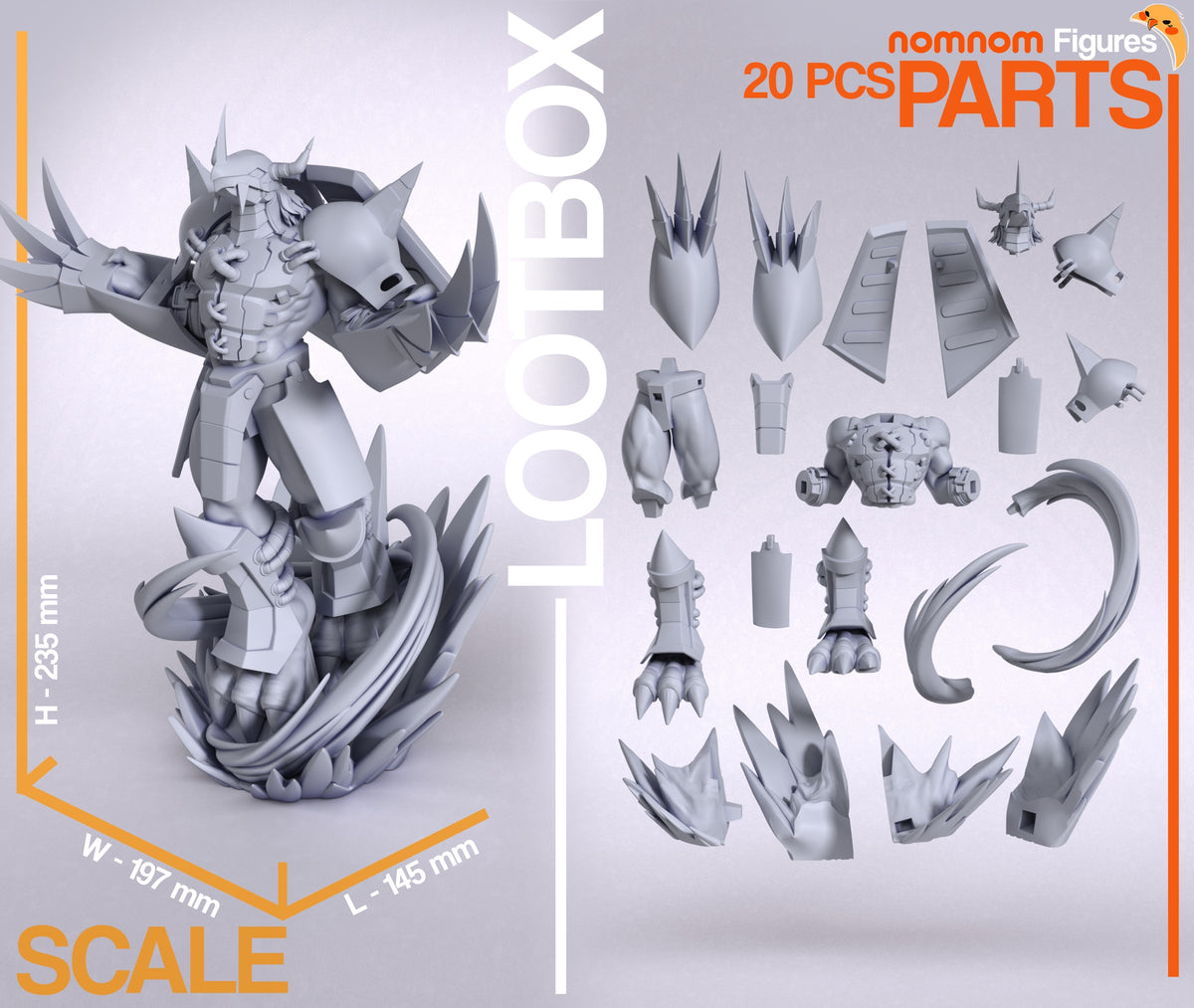Parts breakdown image showing individual components and assembly layout for Flame-Armored Dragon-Knight figure.