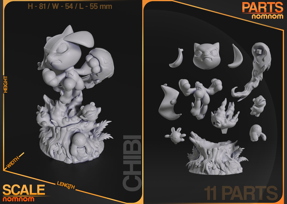 Parts breakdown for Riolu from Pocket Specters: individual components and assembly layout of the Chibi figure.