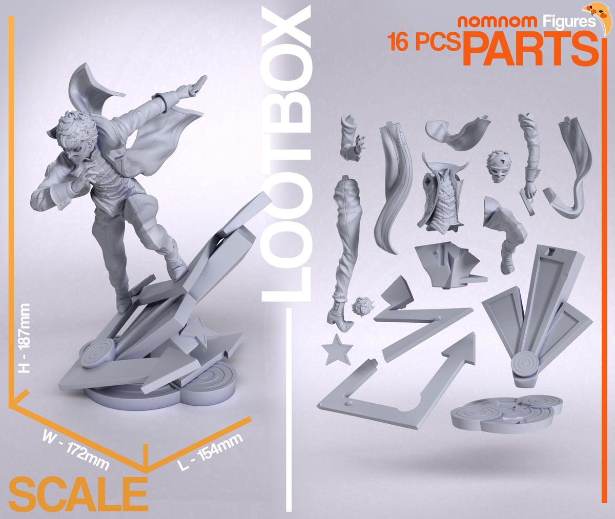 Parts breakdown image showing individual components and assembly layout for masked phantom thief figure.